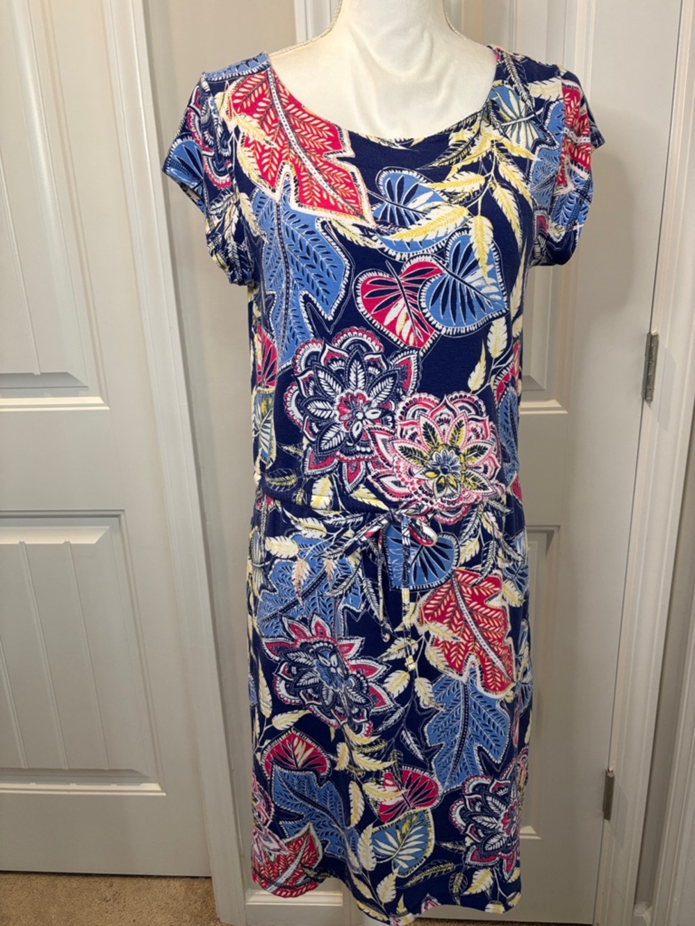 Talbots Navy Floral Tie-Waist Midi Dress - Navy, Blue, Pink & Yellow Large P